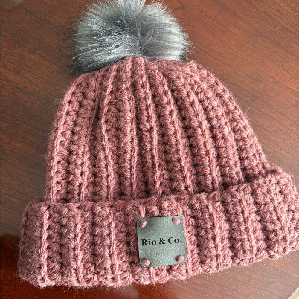 HANDMADE Chunky Crocheted Knitted Winter Hat, faux fur Pompom, adult